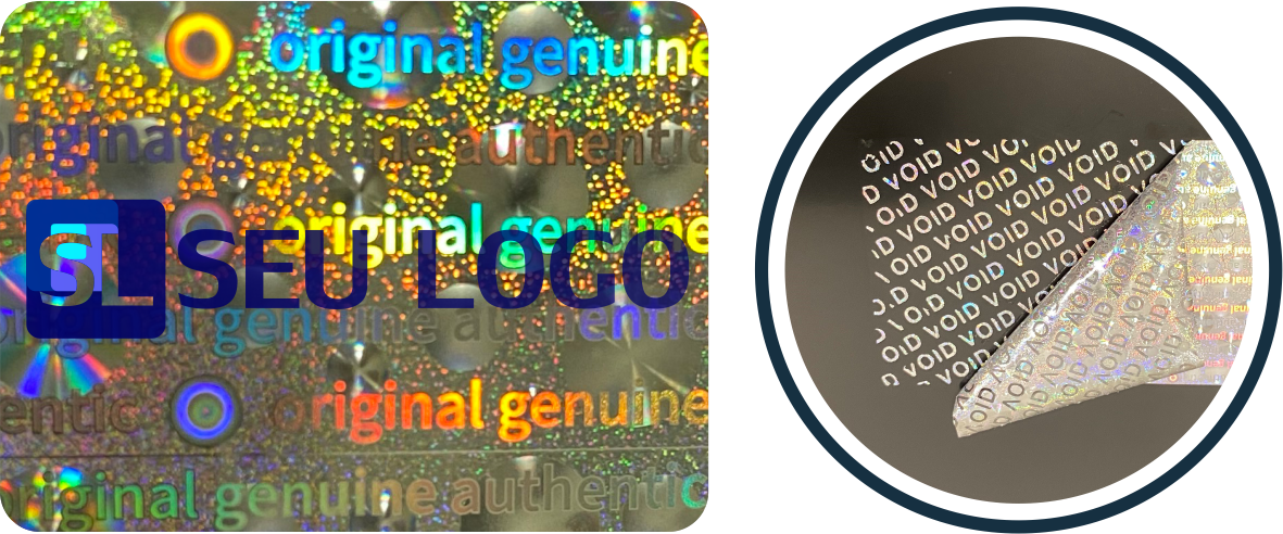 Selo Holografico Personalizado com impressao azul, com evidencia de violacao void